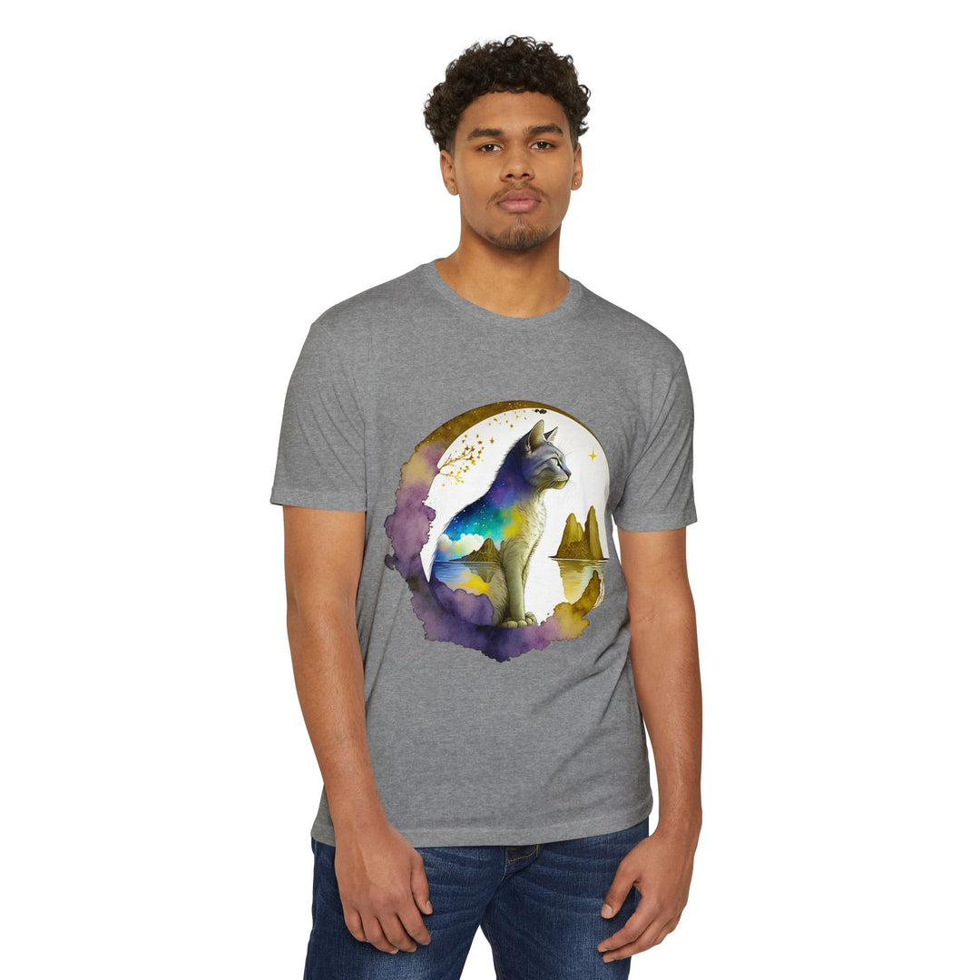 Celestial Watcher Cat Top - Unisex Mystical Night T-Shirt