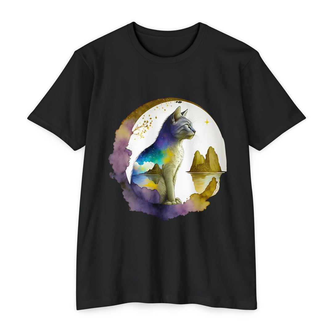 Celestial Watcher Cat Top - Unisex Mystical Night T-Shirt