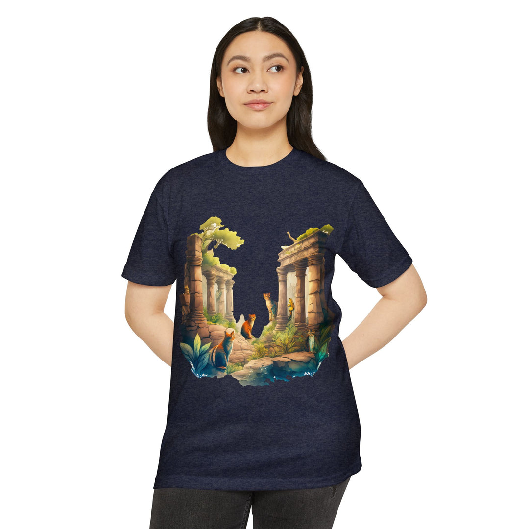 Mystical Cat Temple T-Shirt - Feline Exploration Art