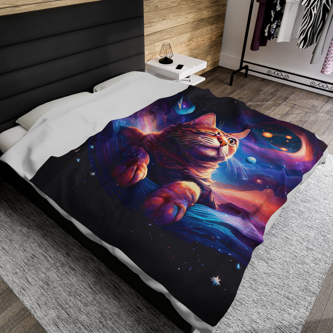 Galactic Cat Velveteen Plush Blanket – Cozy Comfort from Another Dimension