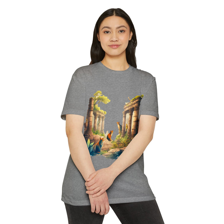 Mystical Cat Temple T-Shirt - Feline Exploration Art