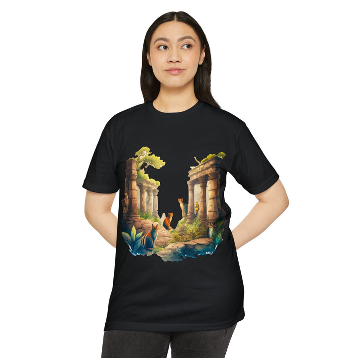 Mystical Cat Temple T-Shirt - Feline Exploration Art