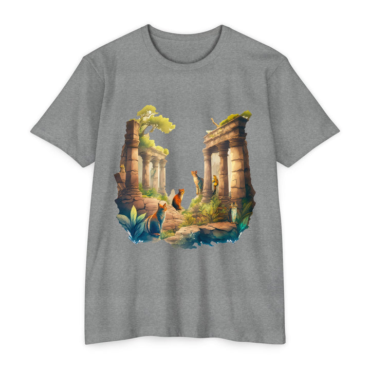 Mystical Cat Temple T-Shirt - Feline Exploration Art