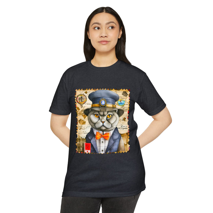 Postal Cat Officer Shirt - Retro Feline Stamp Design