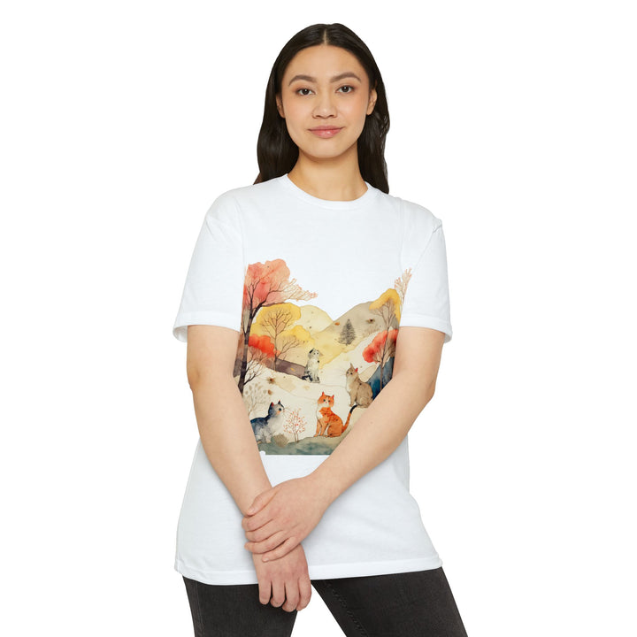 Autumn Serenity Cats Top - Unisex Watercolor Landscape T-Shirt