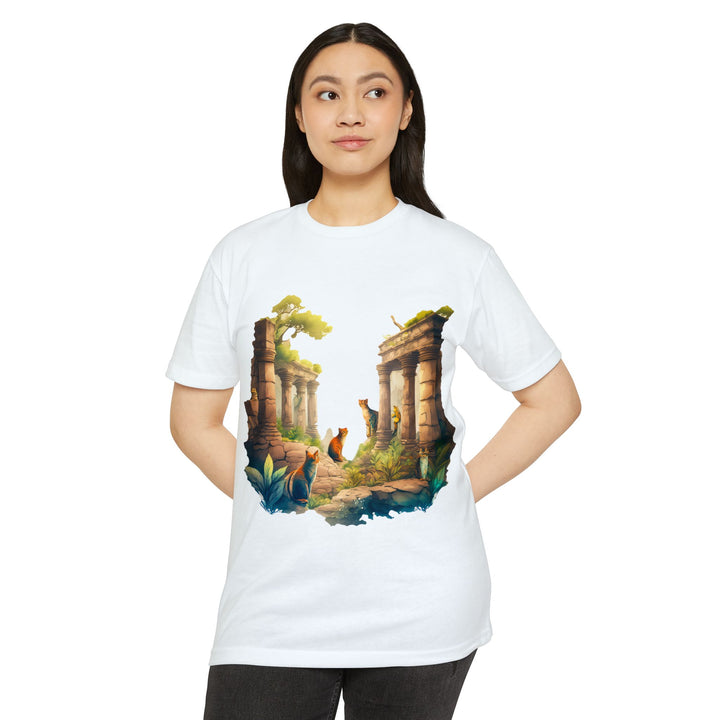 Mystical Cat Temple T-Shirt - Feline Exploration Art