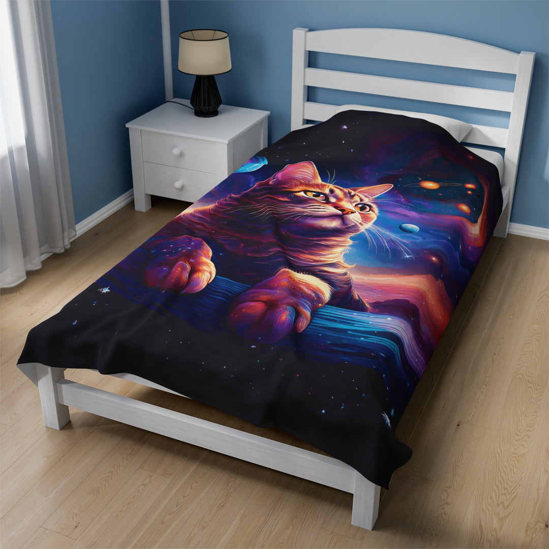 Galactic Cat Velveteen Plush Blanket – Cozy Comfort from Another Dimension