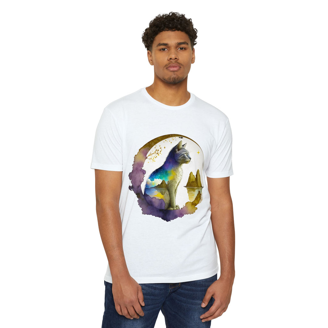 Celestial Watcher Cat Top - Unisex Mystical Night T-Shirt