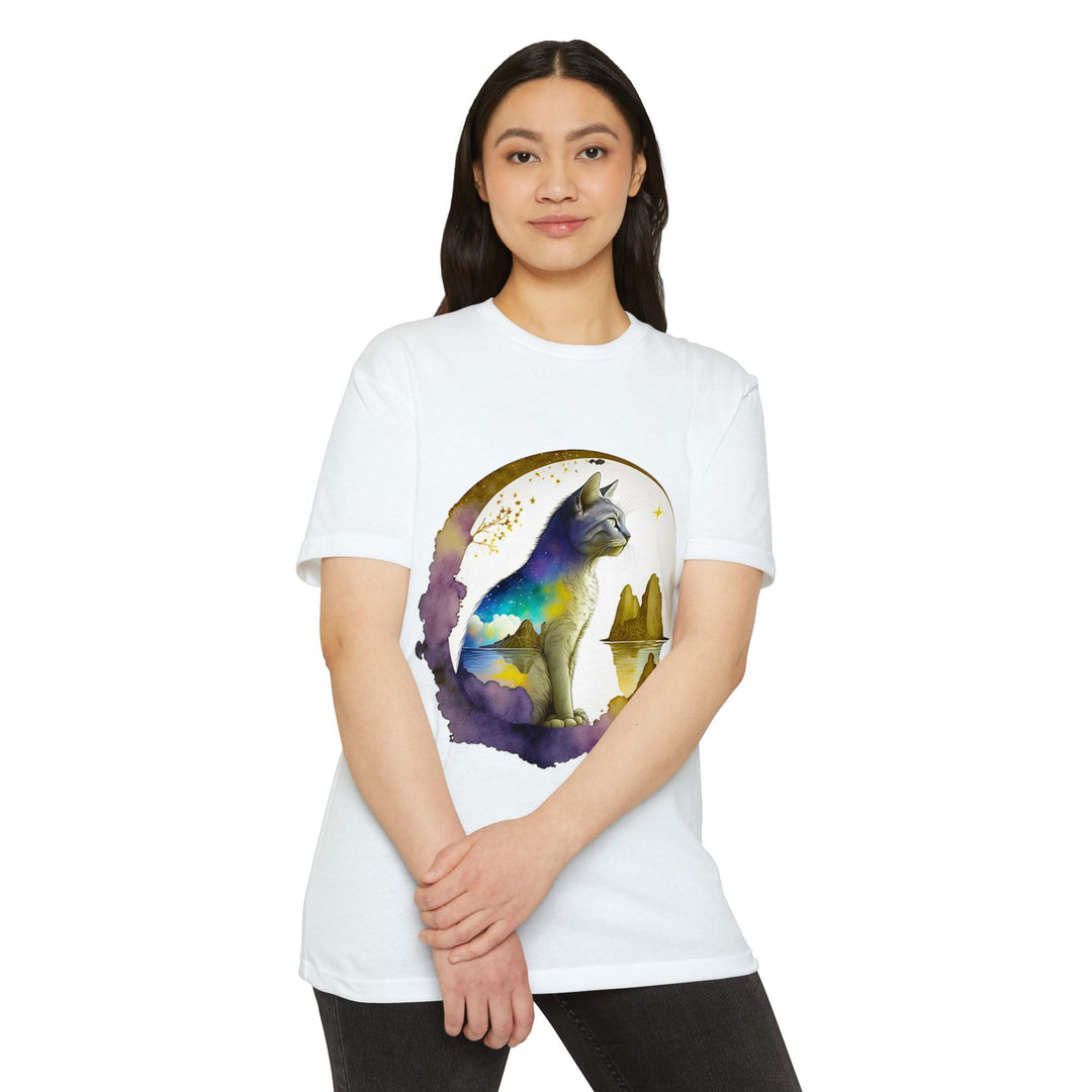 Celestial Watcher Cat Top - Unisex Mystical Night T-Shirt