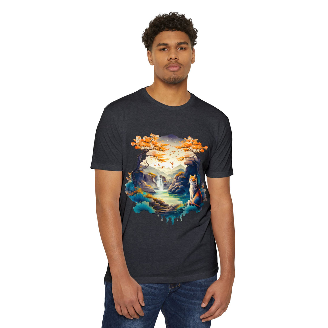 Tranquil Realm Cat Top - Unisex Serene Nature T-Shirt