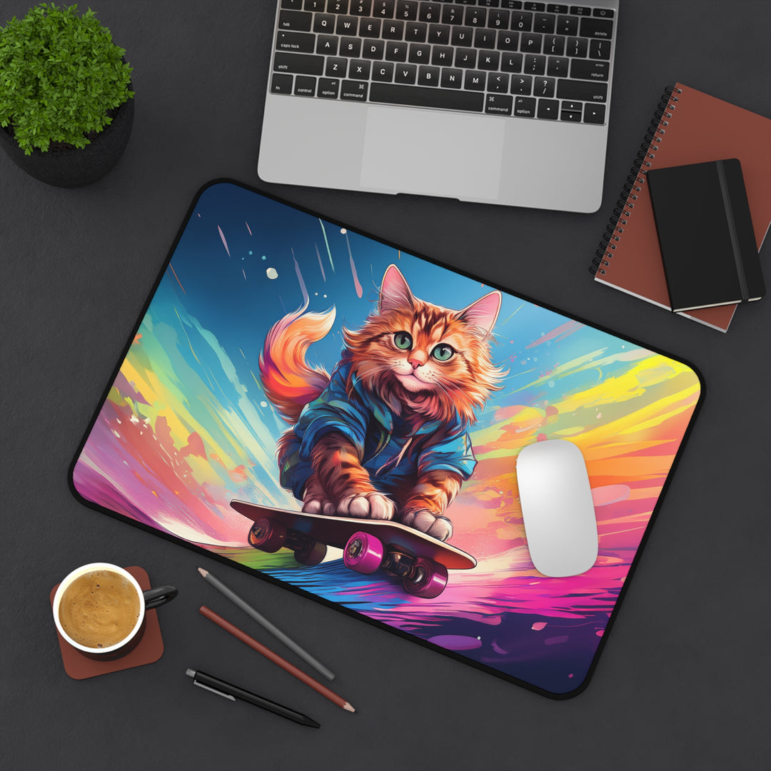 Skater Cat Desk Mat – Ride the Rainbow of Creativity