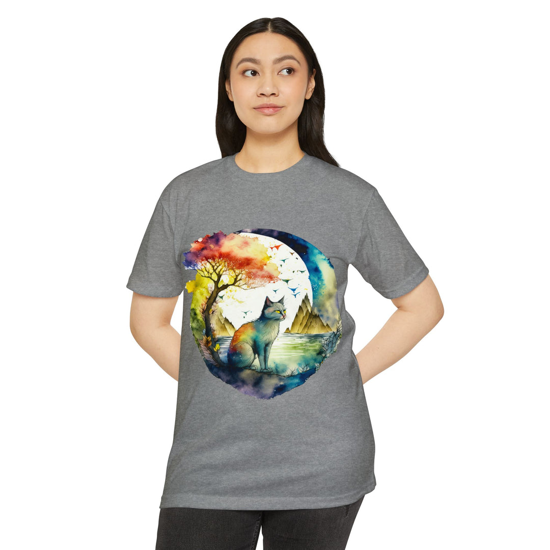 Tranquil Feline Oasis Top - Unisex Watercolor Nature T-Shirt