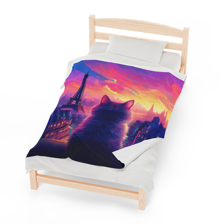 Parisian Sunset Cat Velveteen Plush Blanket – Cozy Elegance with a View