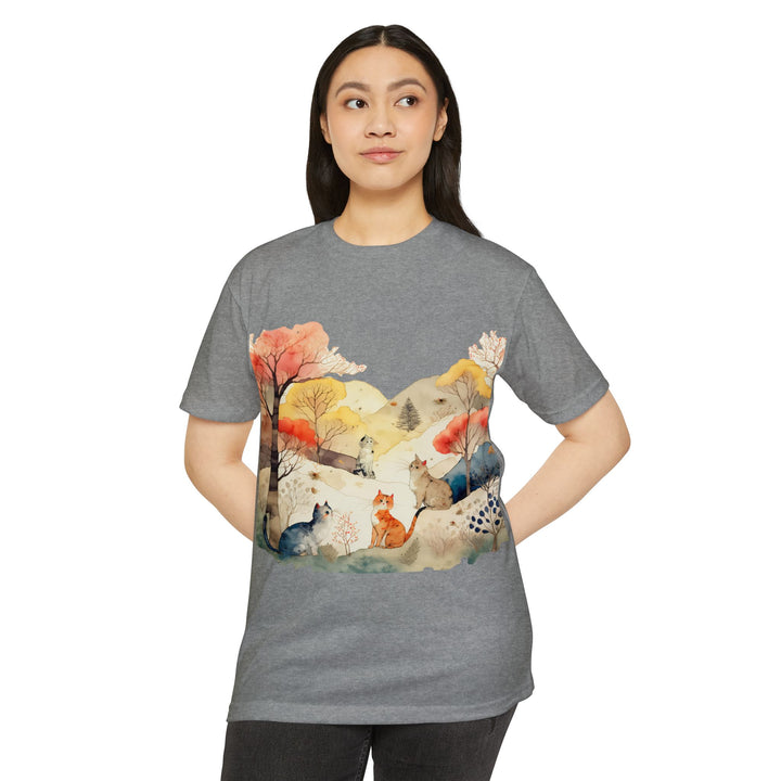 Autumn Serenity Cats Top - Unisex Watercolor Landscape T-Shirt