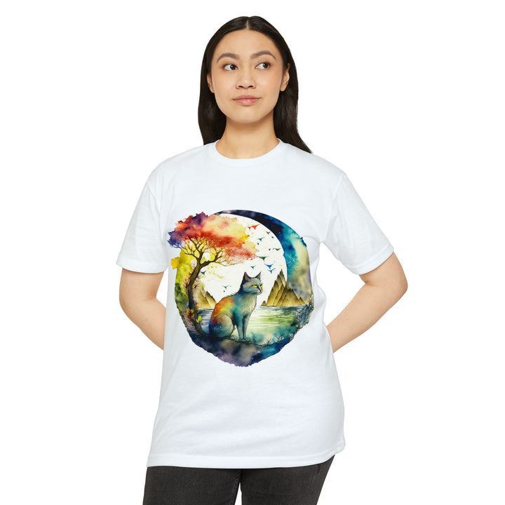 Tranquil Feline Oasis Top - Unisex Watercolor Nature T-Shirt