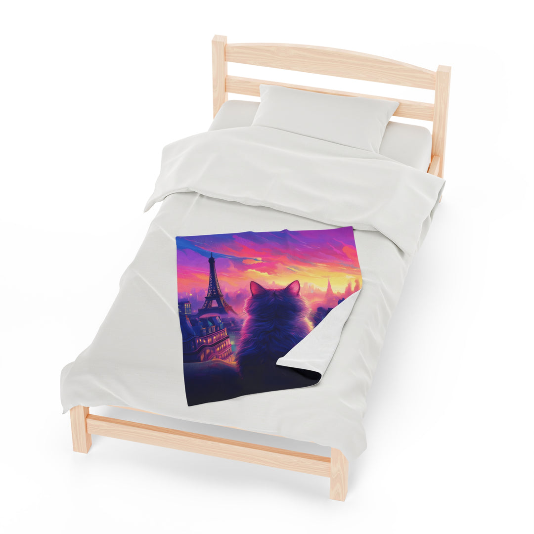 Parisian Sunset Cat Velveteen Plush Blanket – Cozy Elegance with a View