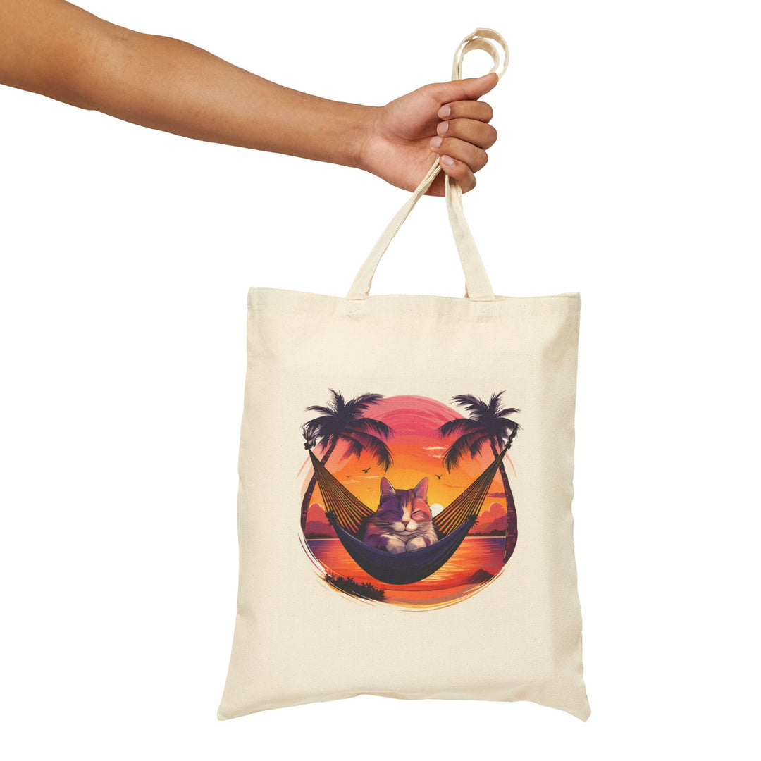 Tropical Sunset Cat Hammock Cotton Canvas Tote Bag – Relax in Paradise