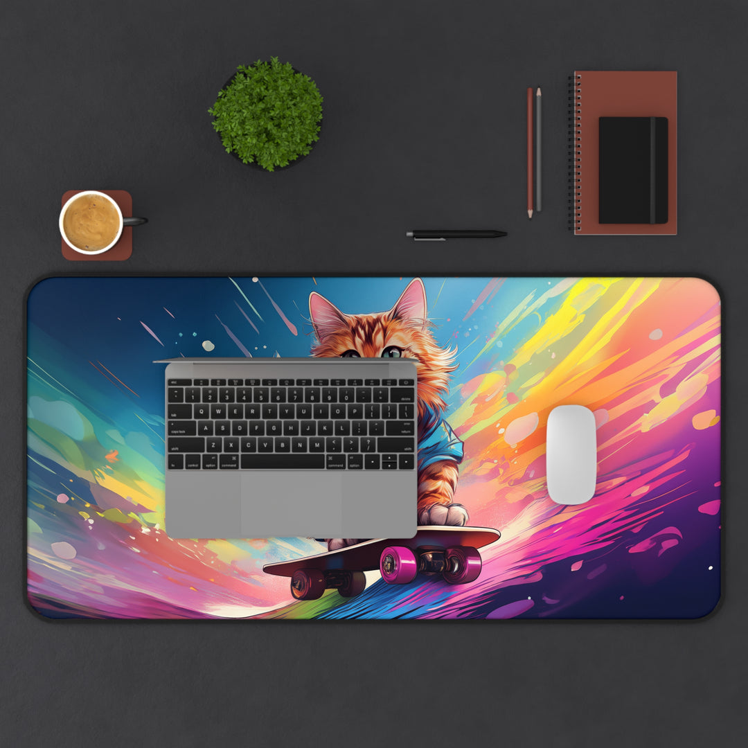 Skater Cat Desk Mat – Ride the Rainbow of Creativity