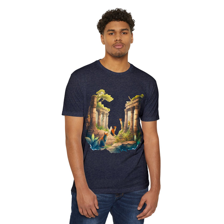 Mystical Cat Temple T-Shirt - Feline Exploration Art