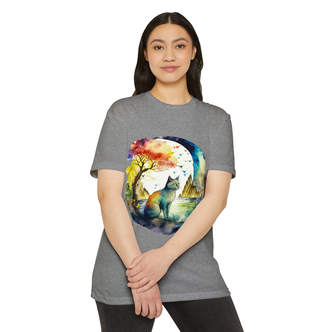 Tranquil Feline Oasis Top - Unisex Watercolor Nature T-Shirt