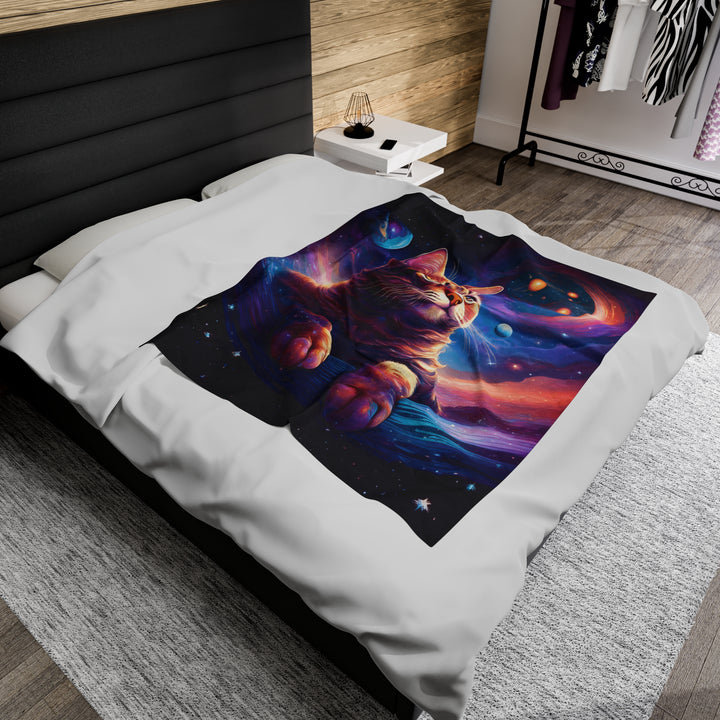 Galactic Cat Velveteen Plush Blanket – Cozy Comfort from Another Dimension