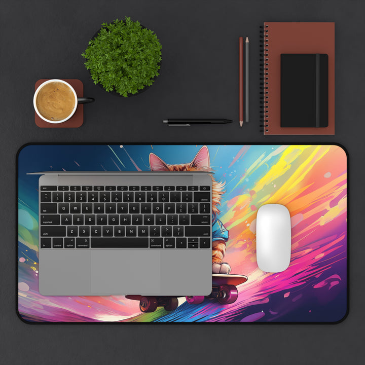 Skater Cat Desk Mat – Ride the Rainbow of Creativity