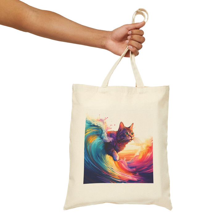 Cosmic Wave Cat Cotton Canvas Tote Bag – Ride the Waves of Adventure