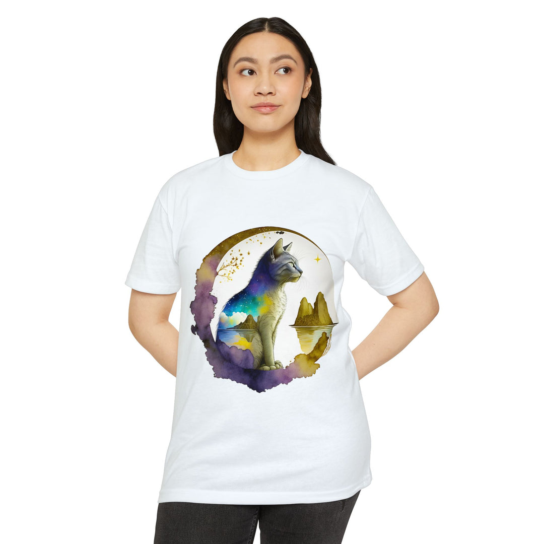 Celestial Watcher Cat Top - Unisex Mystical Night T-Shirt