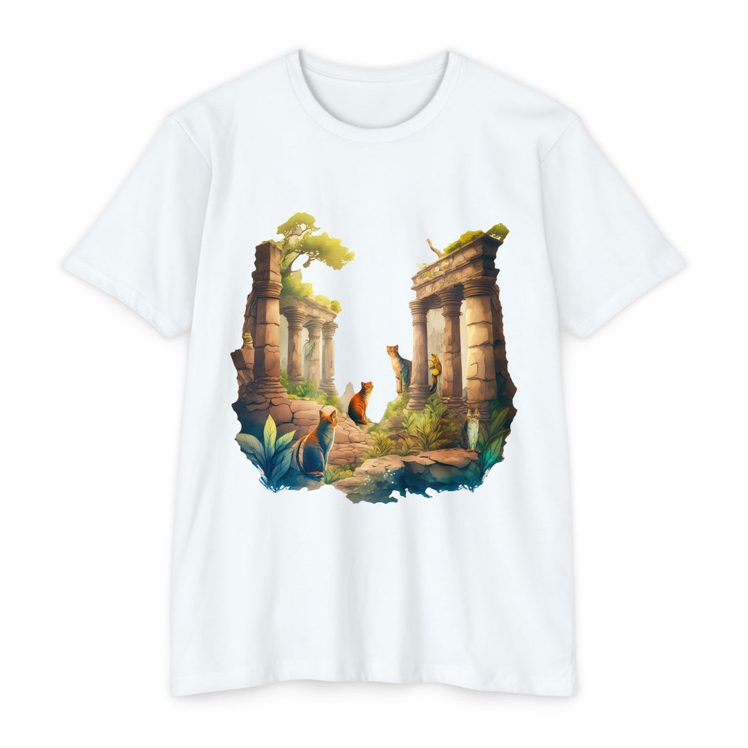 Mystical Cat Temple T-Shirt - Feline Exploration Art