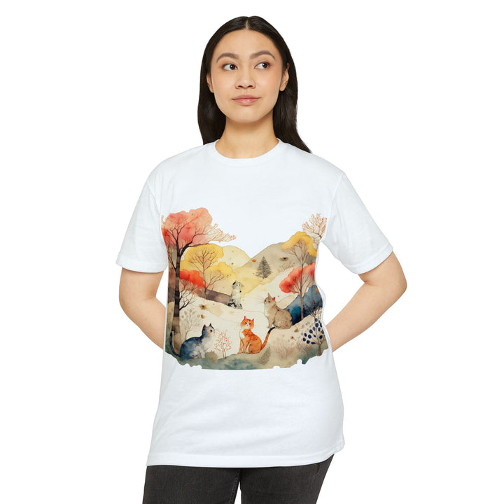 Autumn Serenity Cats Top - Unisex Watercolor Landscape T-Shirt