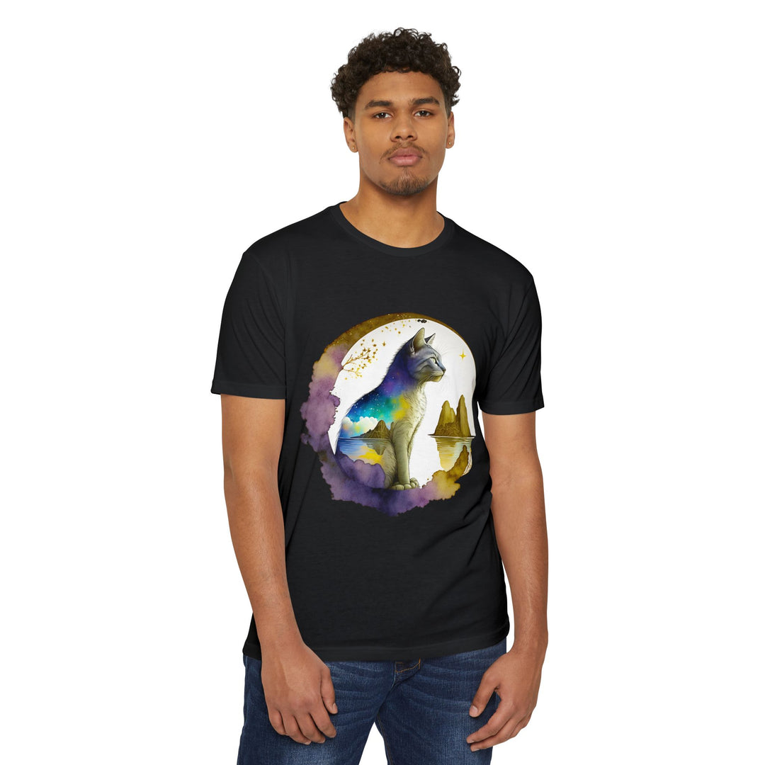 Celestial Watcher Cat Top - Unisex Mystical Night T-Shirt