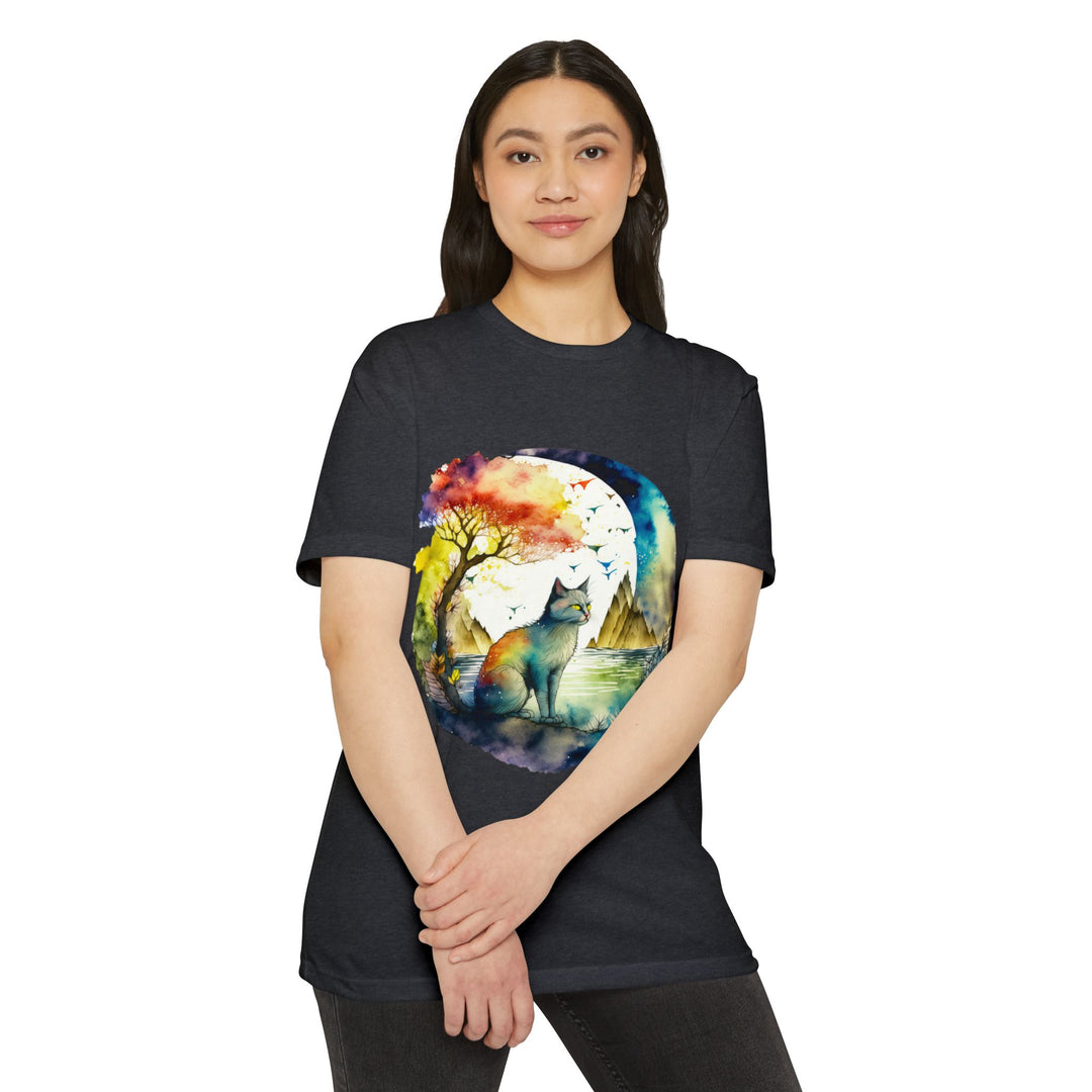 Tranquil Feline Oasis Top - Unisex Watercolor Nature T-Shirt