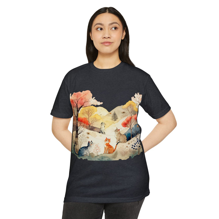 Autumn Serenity Cats Top - Unisex Watercolor Landscape T-Shirt