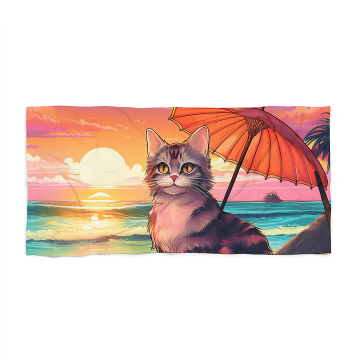 Serene Sunset Cat Beach Towel – Relax in Feline Bliss by the Sea