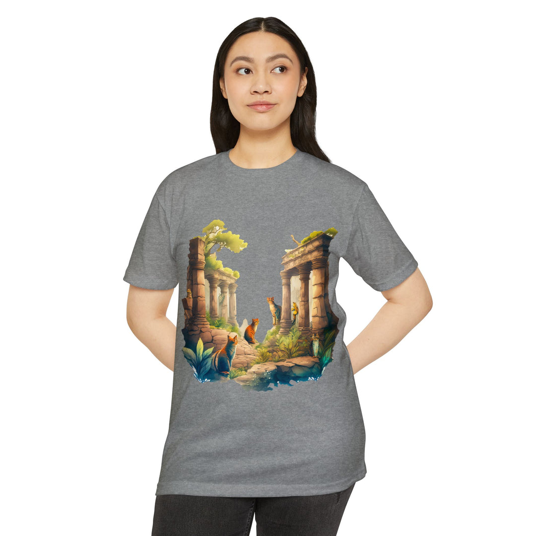 Mystical Cat Temple T-Shirt - Feline Exploration Art