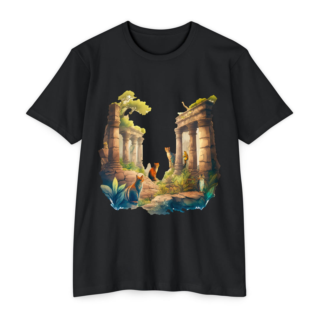 Mystical Cat Temple T-Shirt - Feline Exploration Art