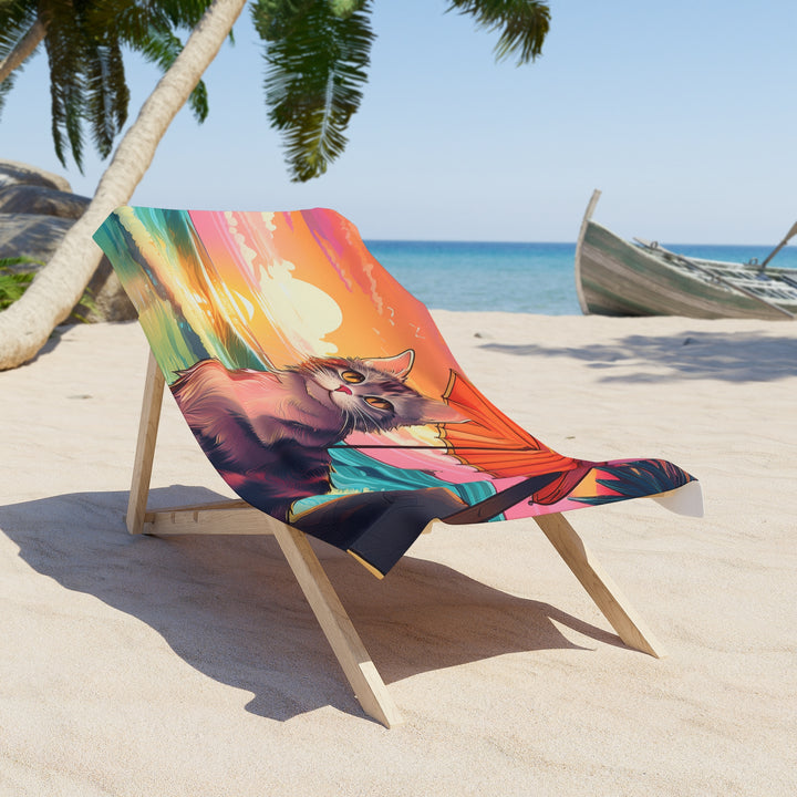 Serene Sunset Cat Beach Towel – Relax in Feline Bliss by the Sea