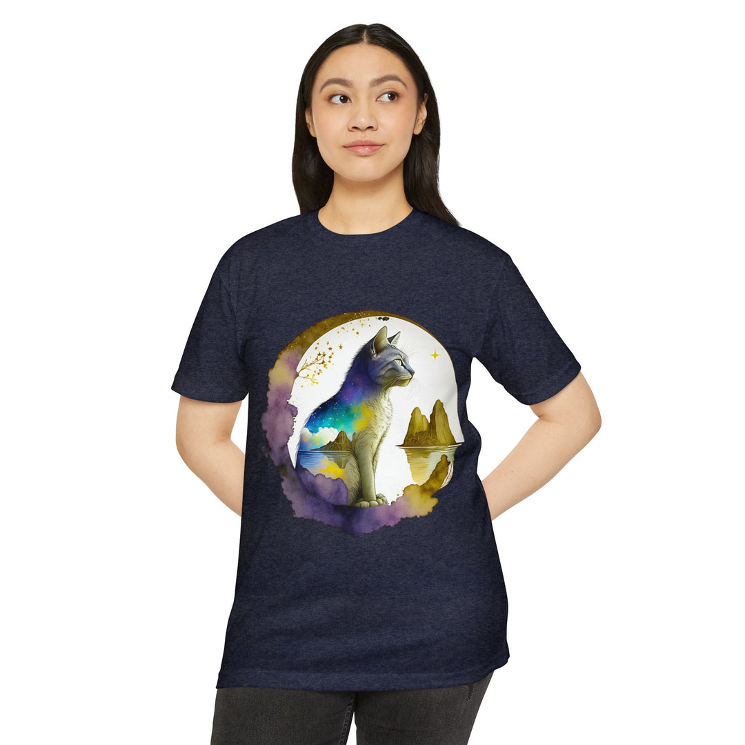 Celestial Watcher Cat Top - Unisex Mystical Night T-Shirt