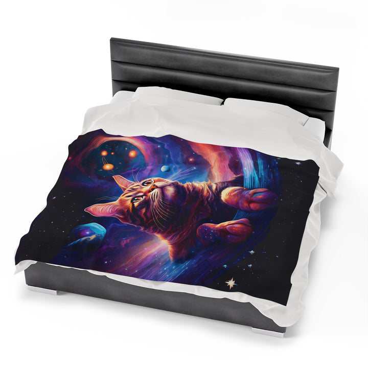 Galactic Cat Velveteen Plush Blanket – Cozy Comfort from Another Dimension