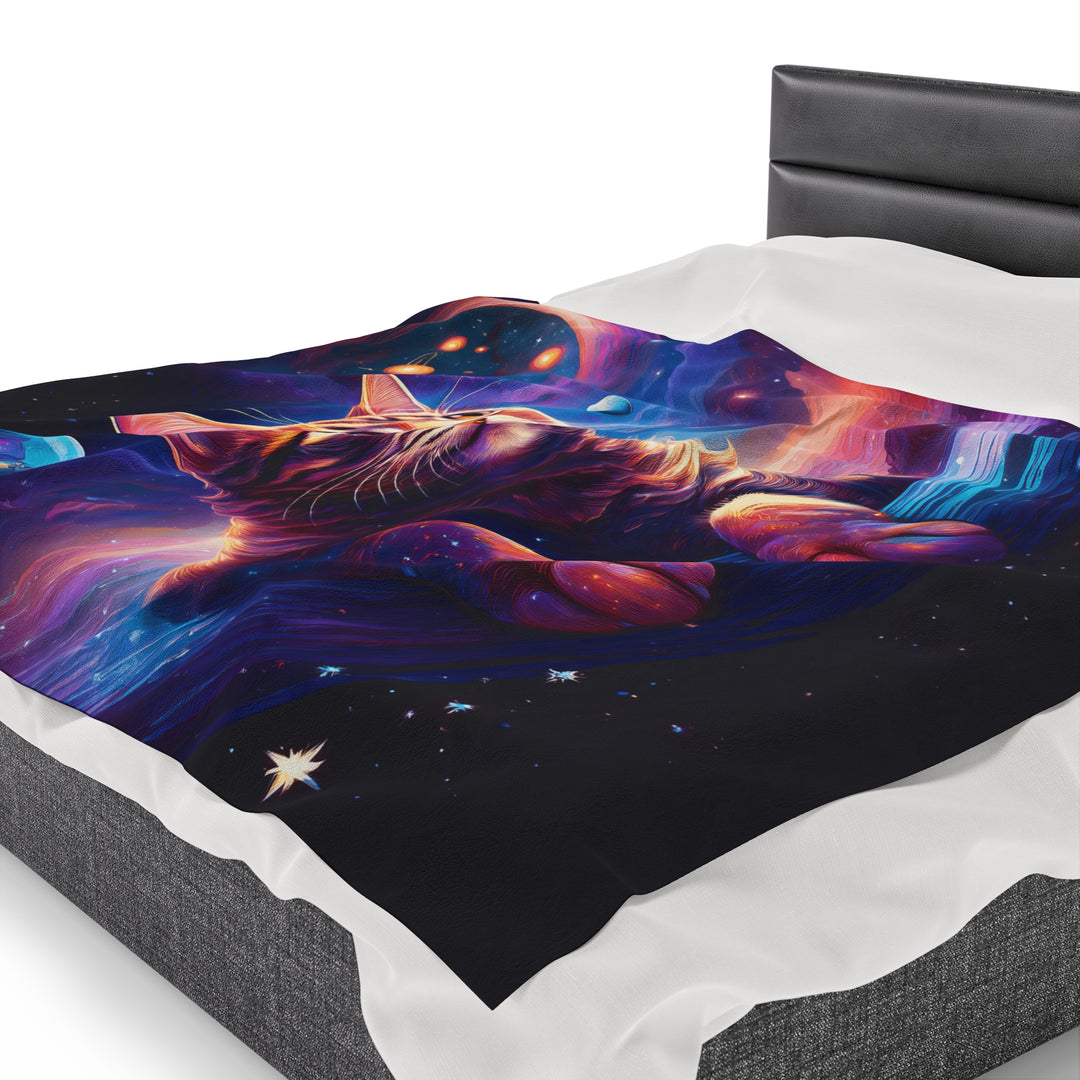 Galactic Cat Velveteen Plush Blanket – Cozy Comfort from Another Dimension