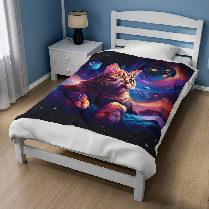 Galactic Cat Velveteen Plush Blanket – Cozy Comfort from Another Dimension