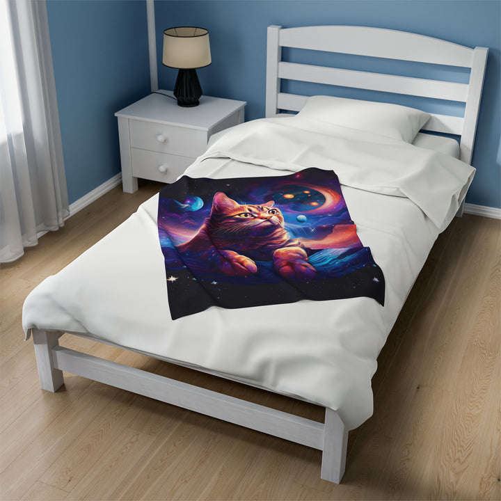 Galactic Cat Velveteen Plush Blanket – Cozy Comfort from Another Dimension