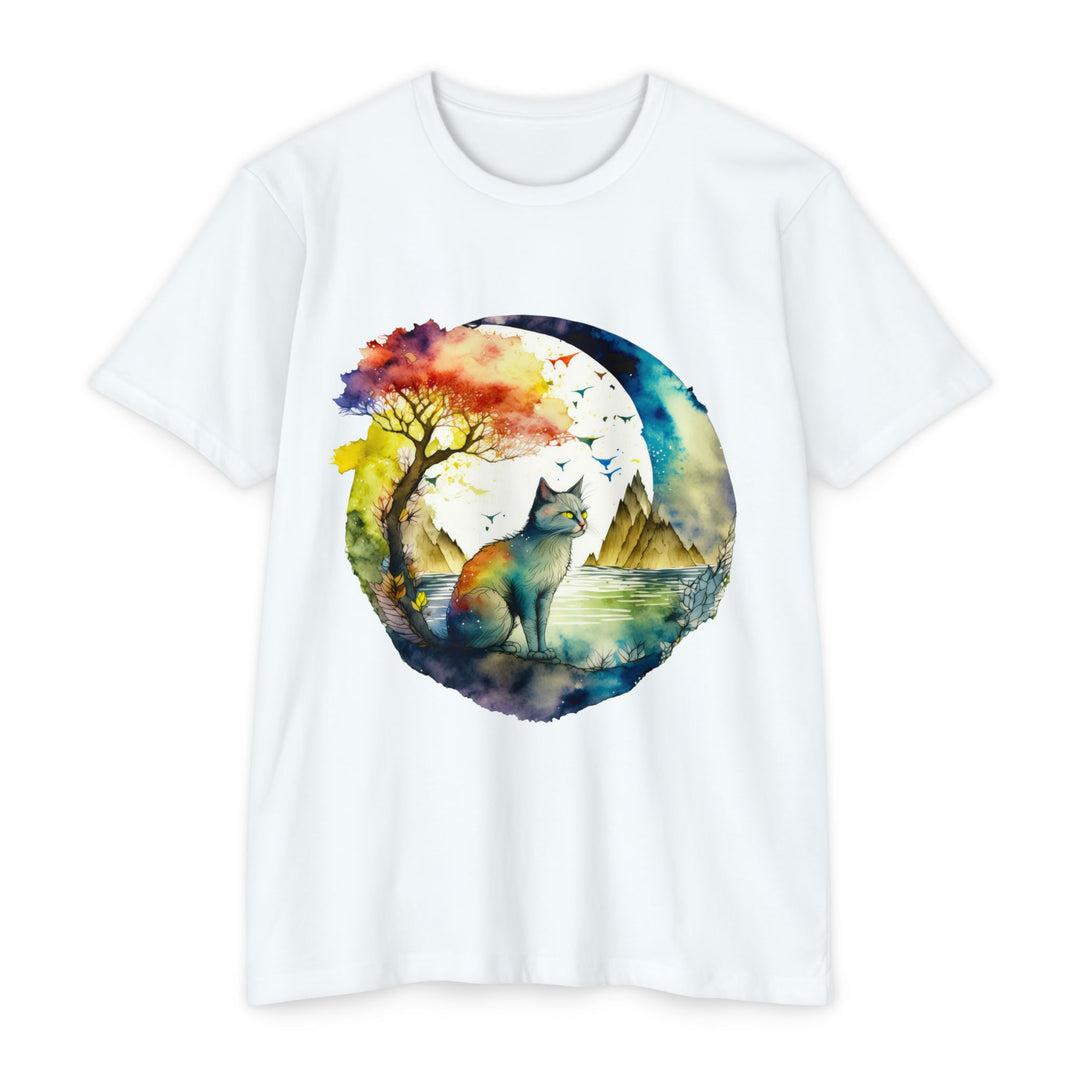 Tranquil Feline Oasis Top - Unisex Watercolor Nature T-Shirt