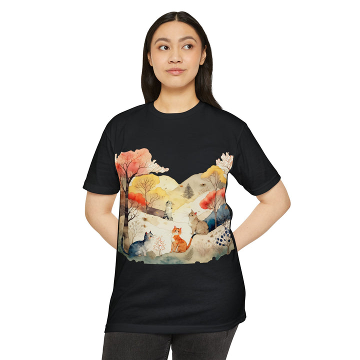 Autumn Serenity Cats Top - Unisex Watercolor Landscape T-Shirt