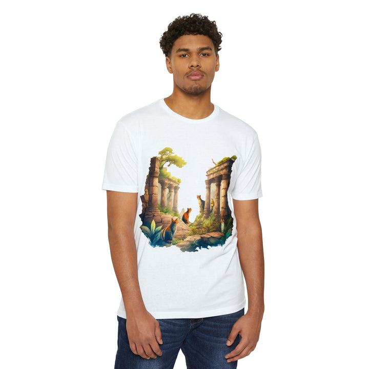 Mystical Cat Temple T-Shirt - Feline Exploration Art