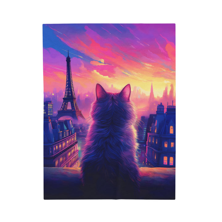 Parisian Sunset Cat Velveteen Plush Blanket – Cozy Elegance with a View