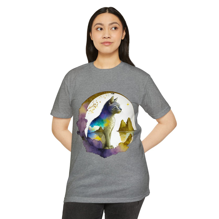 Celestial Watcher Cat Top - Unisex Mystical Night T-Shirt