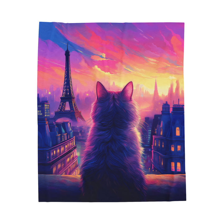 Parisian Sunset Cat Velveteen Plush Blanket – Cozy Elegance with a View