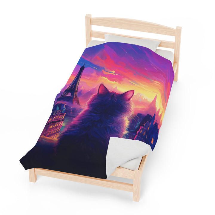 Parisian Sunset Cat Velveteen Plush Blanket – Cozy Elegance with a View