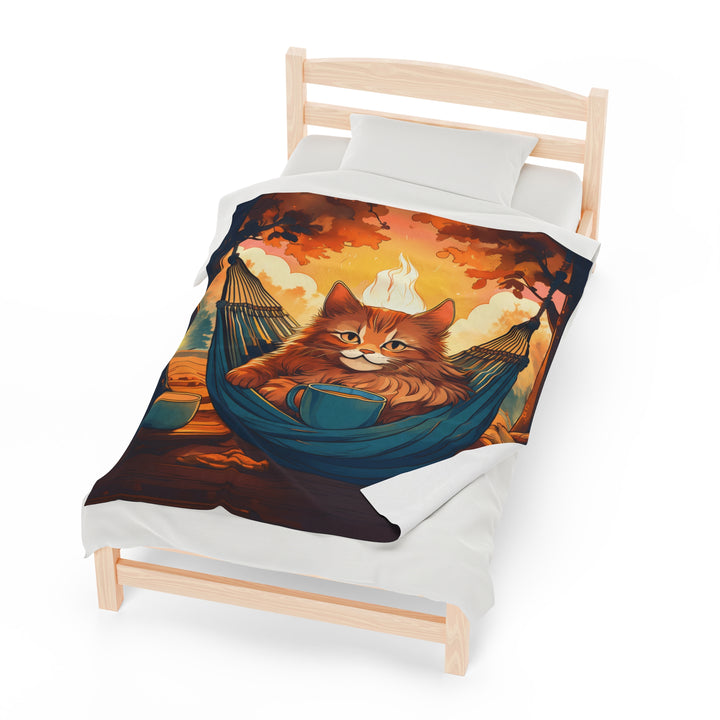 Hammock Cat Coffee Break Velveteen Plush Blanket – Cozy Moments in Nature